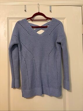 Pink Rose Periwinkle V-Neck Knit Sweater with Crisscross Back